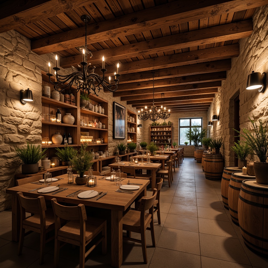 Prompt: Rustic winery interior, reclaimed wood accents, vintage metal lanterns, distressed stone walls, earthy color palette, warm candlelight ambiance, industrial-chic lighting fixtures, exposed wooden beams, ornate wrought iron chandeliers, soft warm glow, atmospheric misting effect, natural textures, earthy tones, organic shapes, eclectic decorative elements, aged wooden barrels, wine cellar atmosphere, cozy intimate spaces, dimmable LED lights, metal shade pendants, minimalist industrial design, functional decorative pieces.