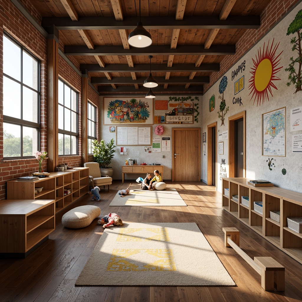 Prompt: Rustic kindergarten interior, reclaimed wood accents, industrial-style metal beams, exposed brick walls, vintage factory windows, modern minimalist furniture, bold colorful murals, educational charts, interactive play areas, wooden cubbies, cozy reading nooks, natural textiles, earthy color palette, warm soft lighting, shallow depth of field, 1/1 composition, realistic wood textures, ambient occlusion.