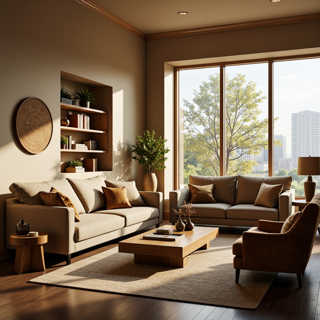 Prompt: Cozy living room, plush sofas, velvet armchairs, wooden coffee tables, floor lamps, soft cushions, warm beige walls, large windows, natural light, comfortable seating arrangement, intimate conversation areas, acoustic panels, soundproofing materials, minimal decor, calm ambiance, 1/2 composition, warm color palette, shallow depth of field, realistic textures.