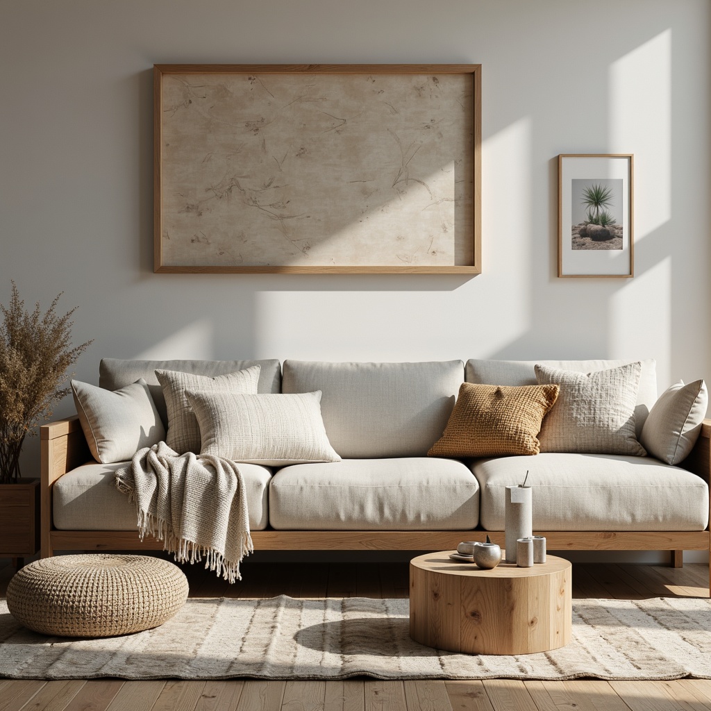 Prompt: Natural fabrics, woven wool blankets, linen upholstery, distressed wood accents, minimalist patterns, subtle color palette, Nordic-inspired motifs, cozy throw pillows, soft velvet textures, earthy tone rugs, organic shapes, simple geometric forms, monochromatic hues, calm atmosphere, warm ambient lighting, shallow depth of field, 2/3 composition, realistic renderings.