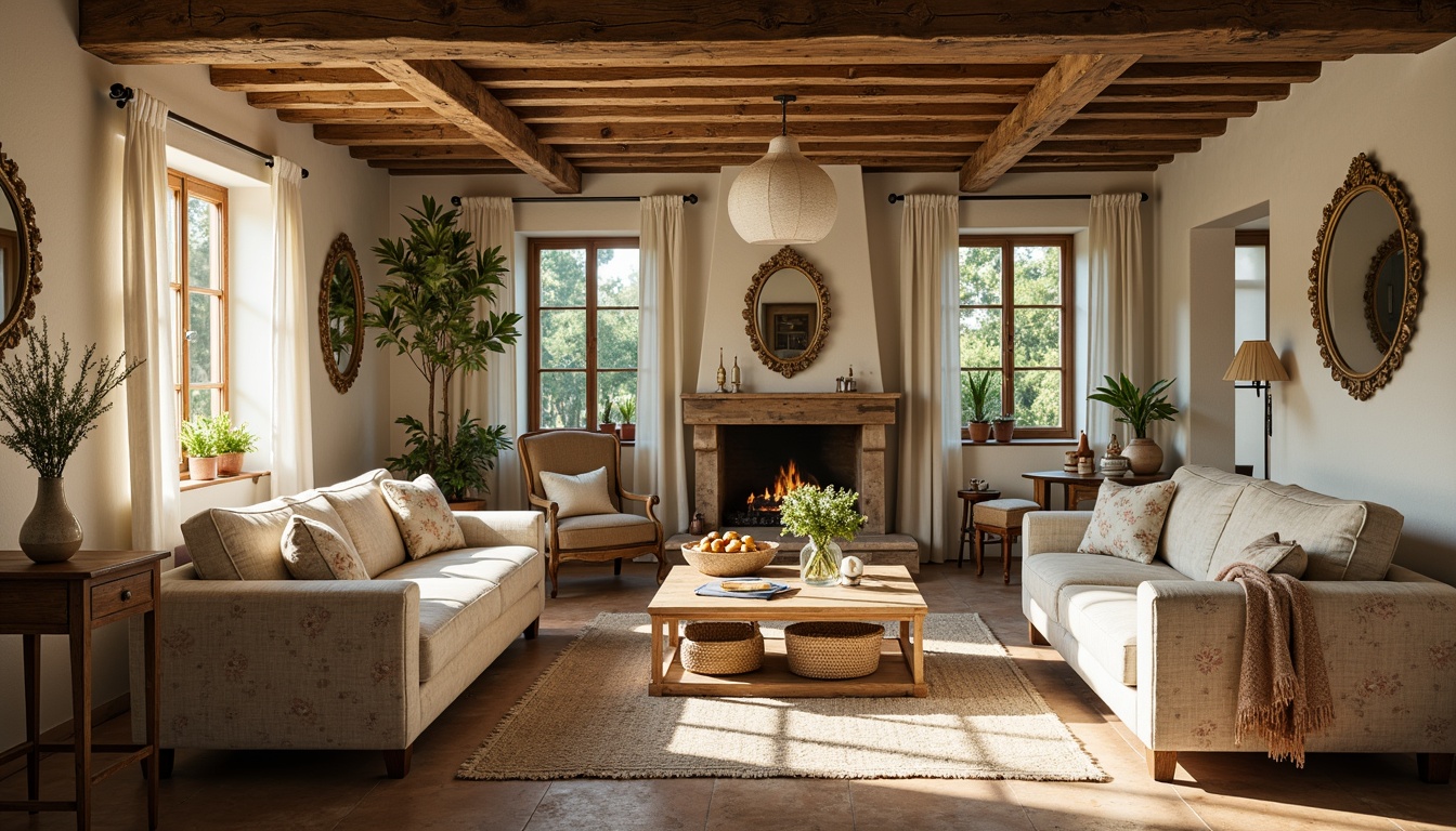 Prompt: Rustic country cottage, distressed wood accents, soft golden lighting, vintage furniture pieces, elegant floral patterns, linen fabrics, natural cotton textures, earthy color palette, woven baskets, potted greenery, lace trimmings, subtle sheen, traditional Provence style, ornate mirrors, plush area rugs, warm beige tones, charming garden views, soft focus, 1/2 composition, cozy atmosphere.