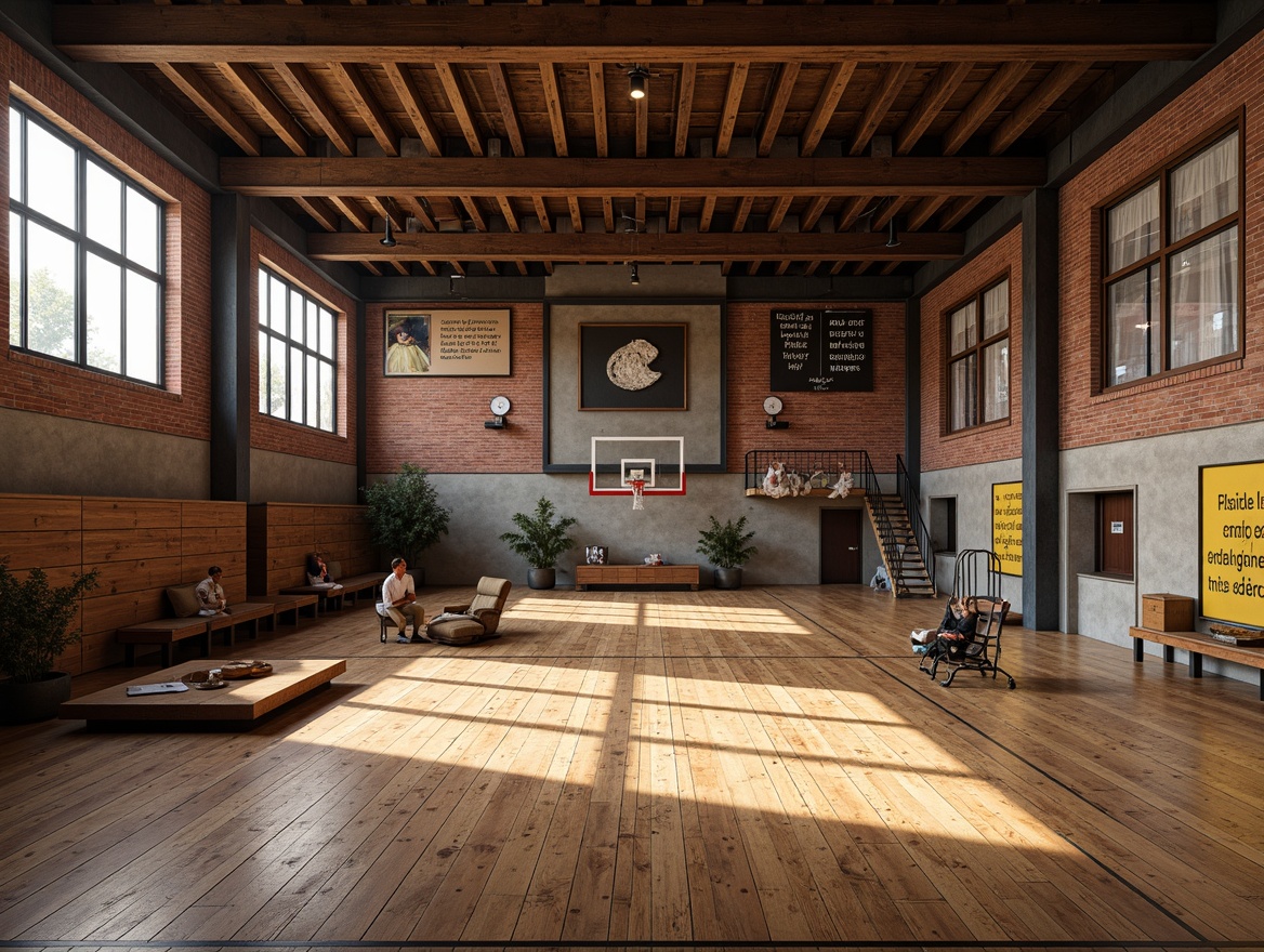 Prompt: Rustic gymnasium interior, distressed wood flooring, reclaimed wooden planks, vintage sports equipment, exposed brick walls, industrial metal beams, earthy color palette, warm ambient lighting, shallow depth of field, 3/4 composition, realistic textures, ambient occlusion, natural stone accents, wooden bleachers, athletic track lines, motivational quotes, inspirational murals, nostalgic memorabilia displays.