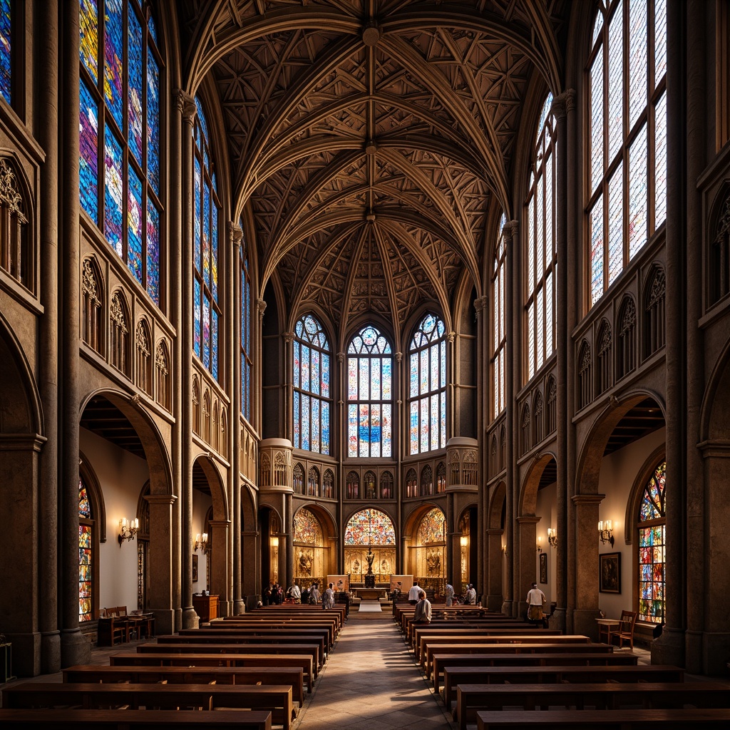 Prompt: Vibrant stained glass windows, intricate Gothic arches, ornate stone carvings, majestic cathedral ceilings, resplendent altarpieces, luminous holy symbols, richly colored biblical scenes, elaborate floral patterns, delicate tracery designs, radiant golden light, soft warm ambiance, shallow depth of field, 3/4 composition, realistic textures, ambient occlusion.