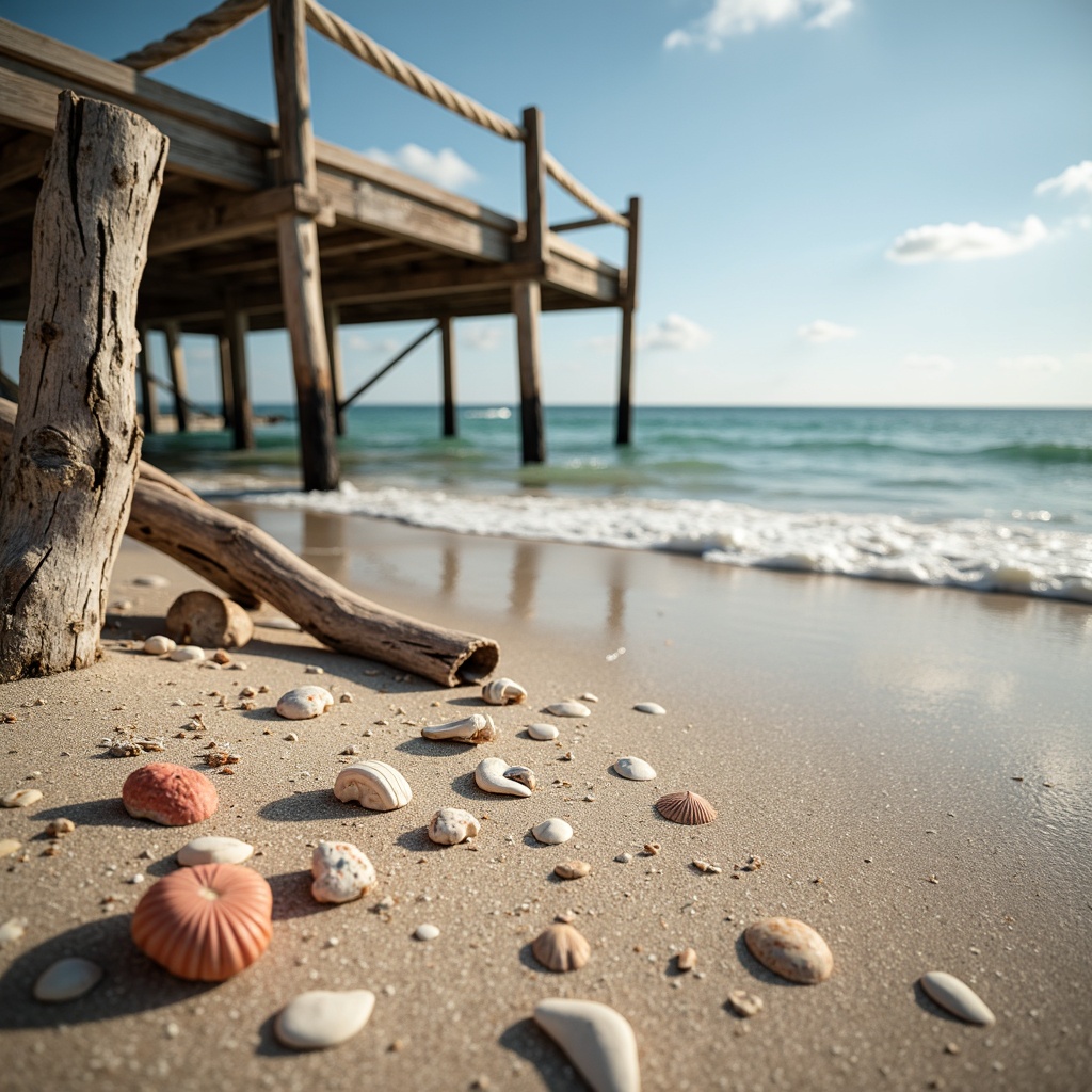 Prompt: \Sandy beach shores, gentle ocean waves, seashells, driftwood, weathered pier, nautical ropes, soft sea salt mist, warm sunny day, calming atmosphere, natural textures, earthy color palette, blues and whites, sandy neutrals, coral pinks, seafoam greens, worn wood accents, distressed finishes, vintage nautical elements, relaxed composition, soft focus, 1/2 camera angle, atmospheric perspective, realistic lighting.\