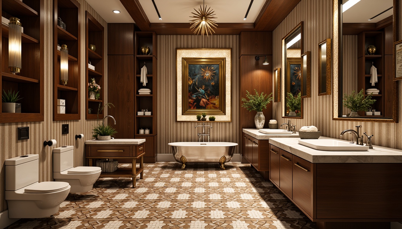 Prompt: Luxurious bathroom, Art Deco style, geometric patterned tiles, ornate metal fixtures, vintage-inspired sink basins, elegant freestanding tubs, polished chrome faucets, rich wood cabinetry, mirrored cabinets, hexagonal floor patterns, bold color schemes, metallic accents, sophisticated lighting, wall-mounted toilets, bidets, luxurious textiles, abstract artwork, ornate mirrors, sunburst motifs, opulent marble countertops, sleek glass shelving, refined architectural details, dramatic shadows, 3/4 composition, high-contrast lighting.