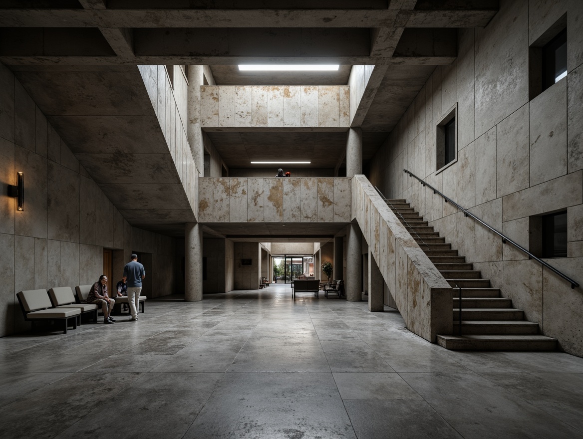 Prompt: Rugged brutalist hall, exposed concrete walls, raw unfinished surfaces, industrial-style lighting fixtures, minimalist decor, functional simplicity, robust column structures, cantilevered staircases, cold atmospheric tones, dramatic shadows, harsh natural light, 1/1 composition, high contrast ratios, realistic textures, ambient occlusion.