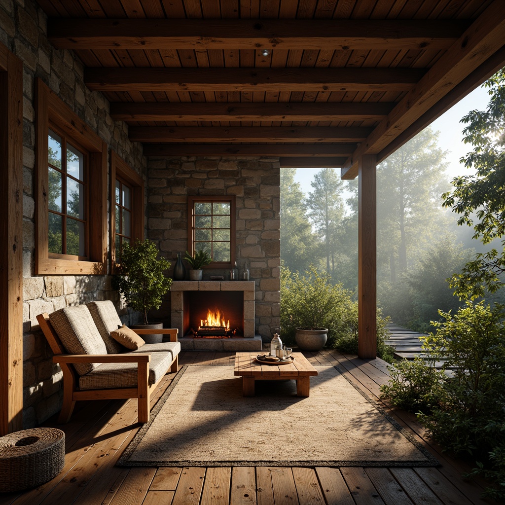 Prompt: Rustic cabin, natural stone walls, wooden beams, earthy tones, reclaimed wood flooring, vintage furniture, woven textiles, lantern lighting, forest surroundings, misty morning, warm sunlight, shallow depth of field, 1/1 composition, realistic textures, ambient occlusion.