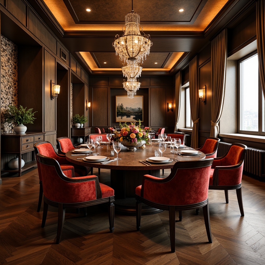 Prompt: Luxurious dining room, rich wood flooring, velvet upholstery, ornate furniture, metallic accents, crystal chandeliers, soft warm lighting, dramatic shadows, 3/4 composition, shallow depth of field, elegant drapery, textured wallpaper, natural stone features, earthy color palette, sophisticated ambiance, refined decor, luxurious fabrics, intricate patterns, rustic wood tones, modern minimalist vibe, abstract artwork, statement pieces, eclectic accessories.