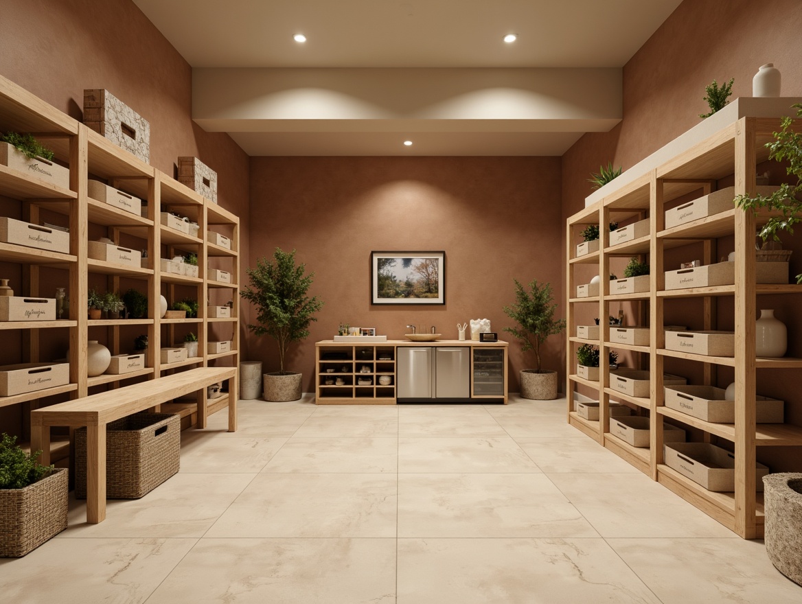 Prompt: Cozy storage room, earthy tone walls, warm beige shelves, rustic wooden crates, soft cream-colored flooring, natural stone accents, modern industrial lighting, sleek metal cabinets, organizational systems, labeled storage bins, calm atmosphere, subtle texture contrasts, 3/4 composition, realistic rendering, ambient occlusion.