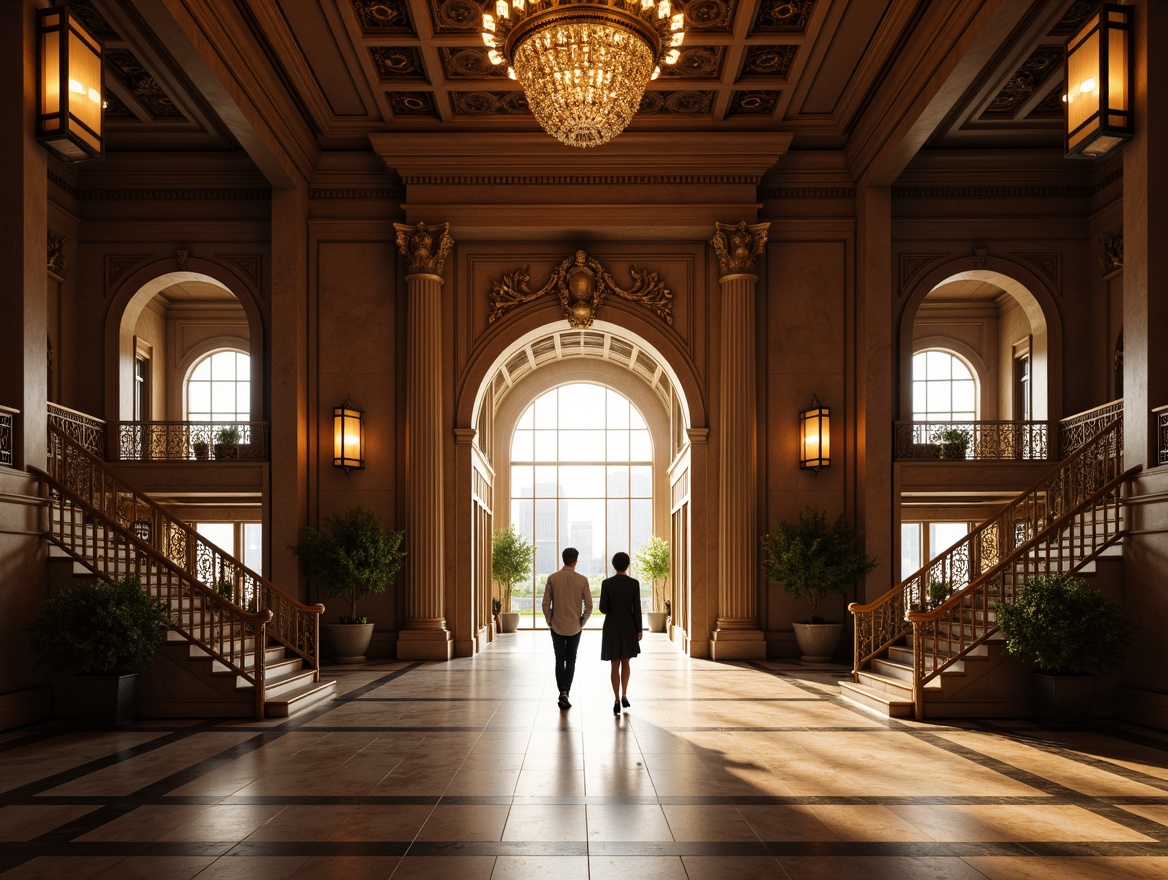 Prompt: Grand ceremonial entrance, ornate bronze doors, warm golden lighting, intricate lanterns, crystal chandeliers, rich wood paneling, luxurious marble floors, stately columns, elegant archways, majestic staircases, solemn atmosphere, soft warm glow, high ceilings, large windows, natural light pouring in, subtle shading, 1/2 composition, realistic textures, ambient occlusion.