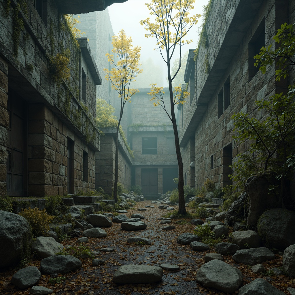 Prompt: Rugged rocky terrain, weathered stone walls, moss-covered boulders, ancient tree roots, misty atmosphere, soft warm lighting, high contrast shadows, detailed texture mapping, realistic normal maps, ambient occlusion, cinematic camera angles, shallow depth of field, 2/3 composition, mysterious foggy environment, eerie silence, abandoned ruins, overgrown vegetation, worn wooden planks, rusty metal scraps.