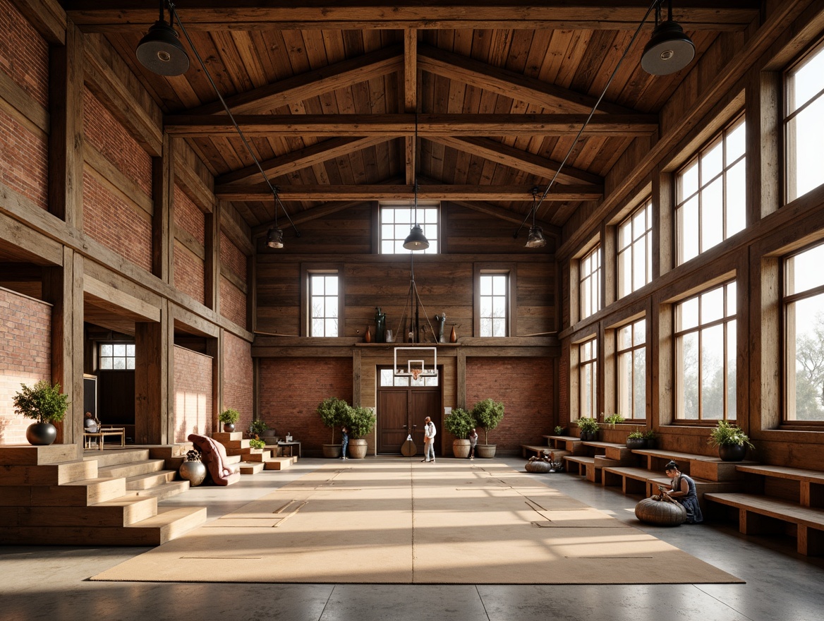 Prompt: Rustic gymnasium interior, exposed wooden beams, earthy tone color scheme, warm ambient lighting, metal lanterns, industrial-style pendant lights, reclaimed wood accents, brick walls, concrete floors, vintage sports equipment, wooden bleachers, natural textiles, cozy nooks, warm color temperature, softbox lighting, high ceilings, open spaces, 1/2 composition, realistic shadows, atmospheric perspective.