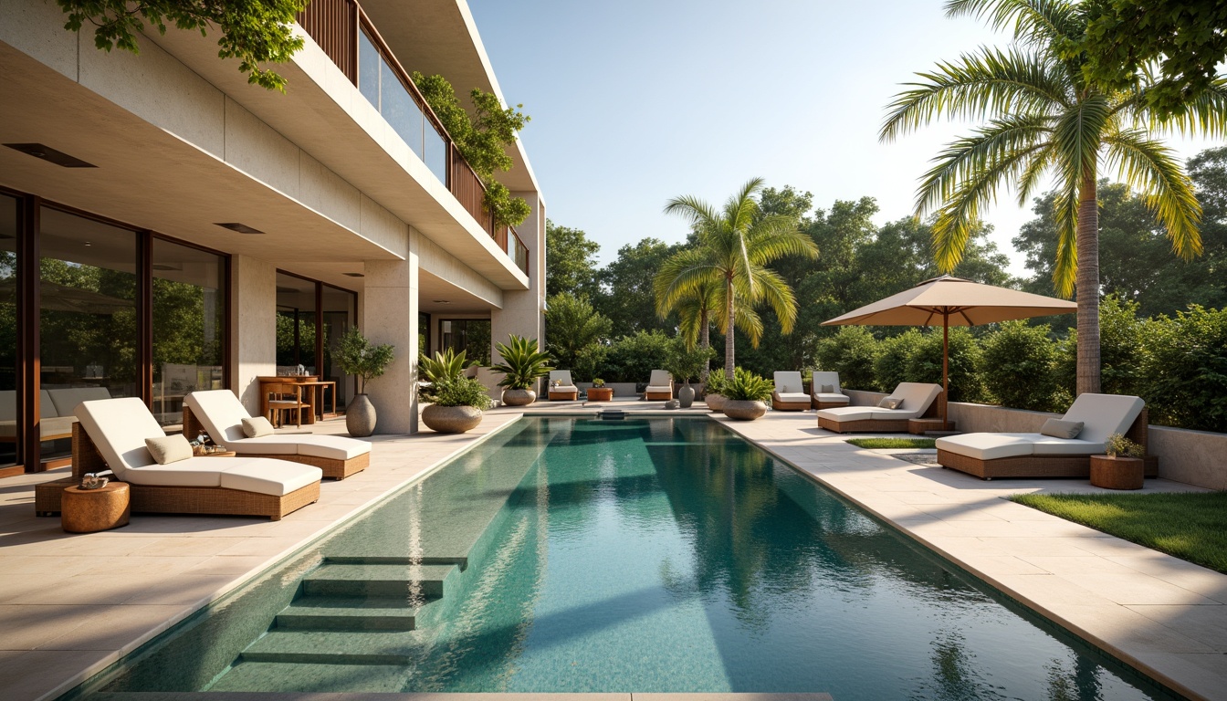 Prompt: Luxurious swimming pool, bronze decorative accents, elegant water features, subtle lighting effects, warm beige tones, natural stone flooring, sleek modern architecture, large glass windows, sliding doors, lush greenery, tropical plants, sunny day, soft warm glow, shallow depth of field, 3/4 composition, panoramic view, realistic textures, ambient occlusion.