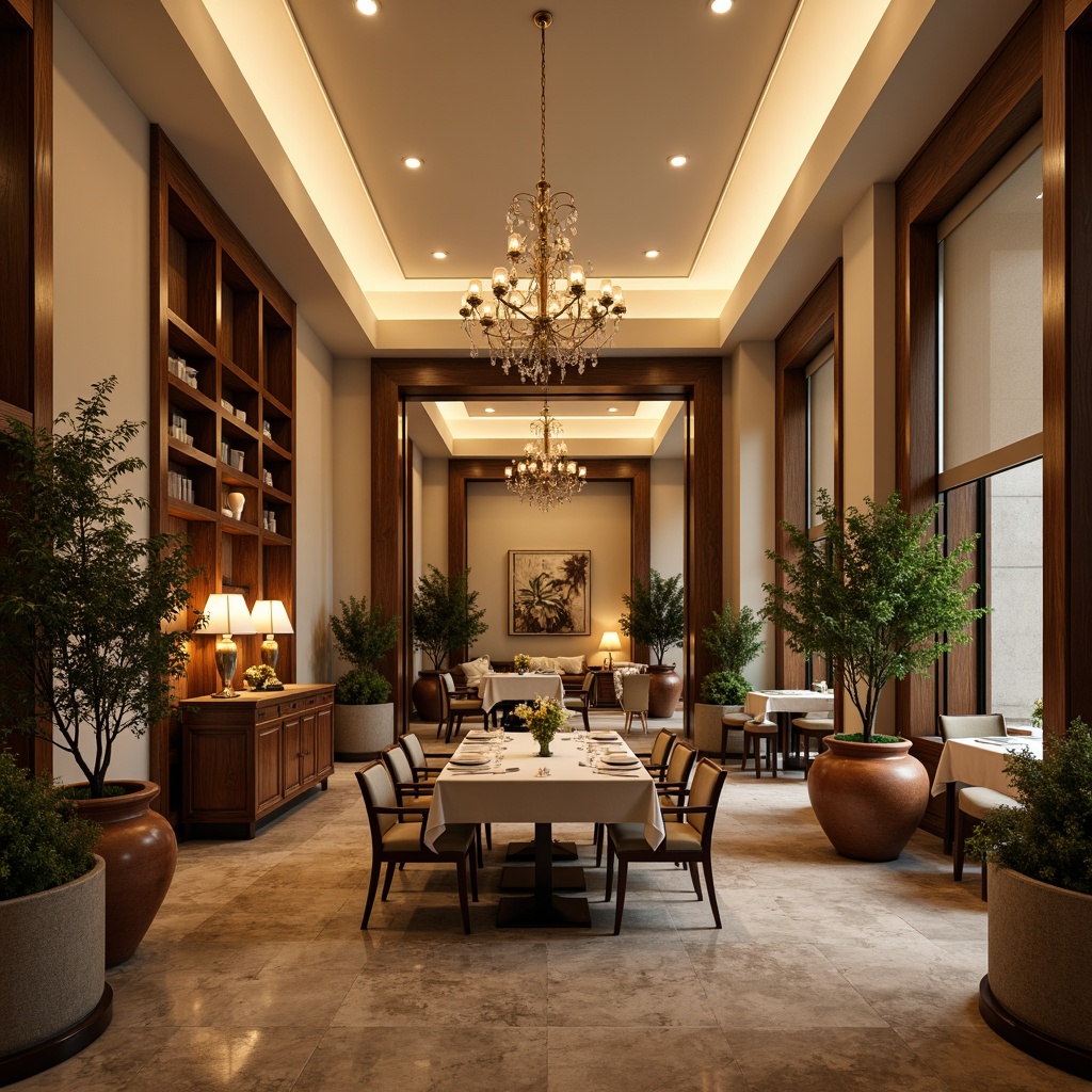 Prompt: Elegant dining hall, warm beige walls, rich walnut wood furniture, soft cream ceiling, subtle gold accents, lavish chandeliers, comfortable velvet upholstery, natural stone flooring, earthy terracotta planters, lush greenery, tranquil ambiance, warm candlelight, inviting atmosphere, 1/2 composition, soft focus, realistic textures.