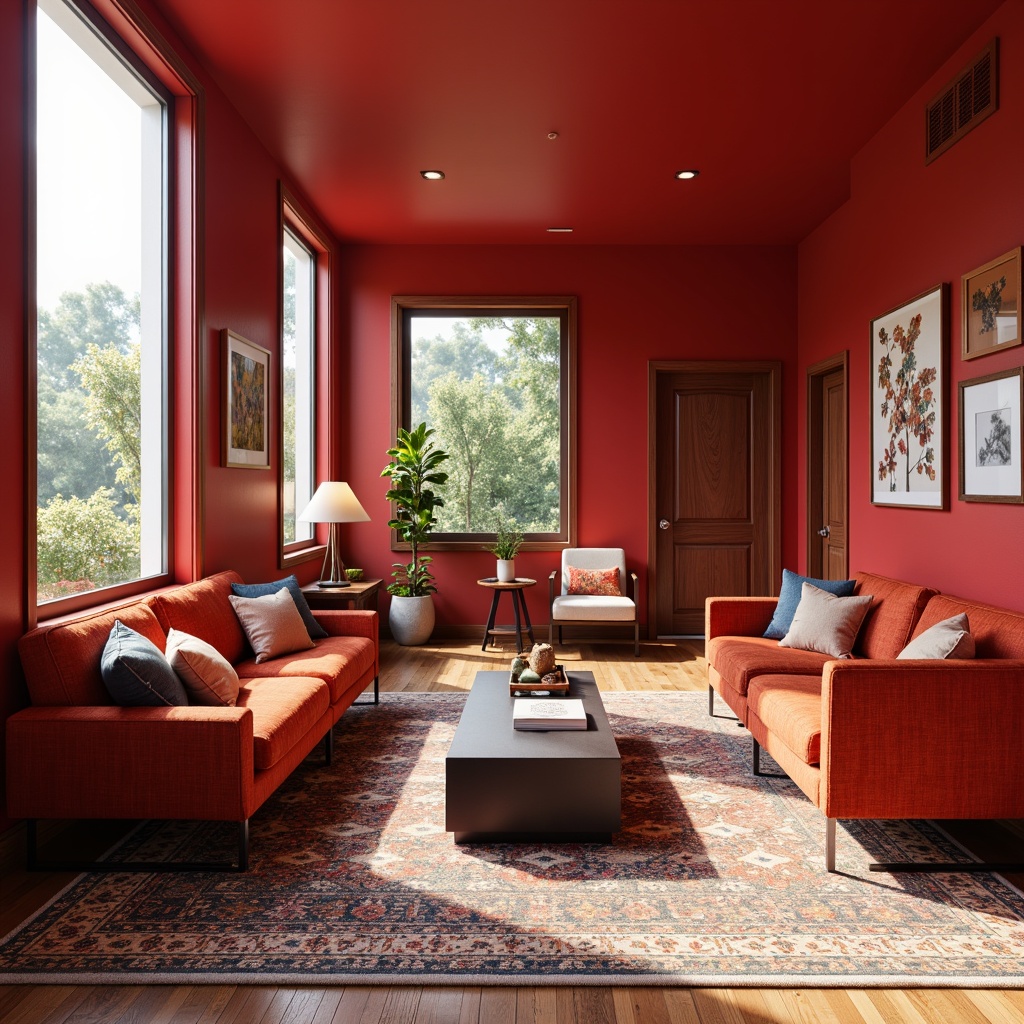 Prompt: Vibrant living room, bold red accent walls, modern furniture, sleek metal legs, plush throw pillows, geometric patterned rugs, natural wood flooring, large windows, warm sunlight, softbox lighting, 1/1 composition, intimate atmosphere, rich textures, ambient occlusion.