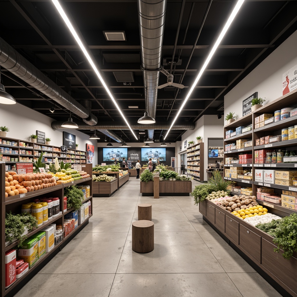 Prompt: Sleek grocery store interior, minimalist decor, clean lines, simple shelving units, industrial-style lighting fixtures, exposed ductwork, polished concrete floors, neutral color palette, subtle branding elements, recessed LED strips, suspended ceiling lamps, cylindrical pendant lights, matte finish metal accents, ambient general lighting, soft diffused illumination, 1/1 composition, shallow depth of field, realistic textures.