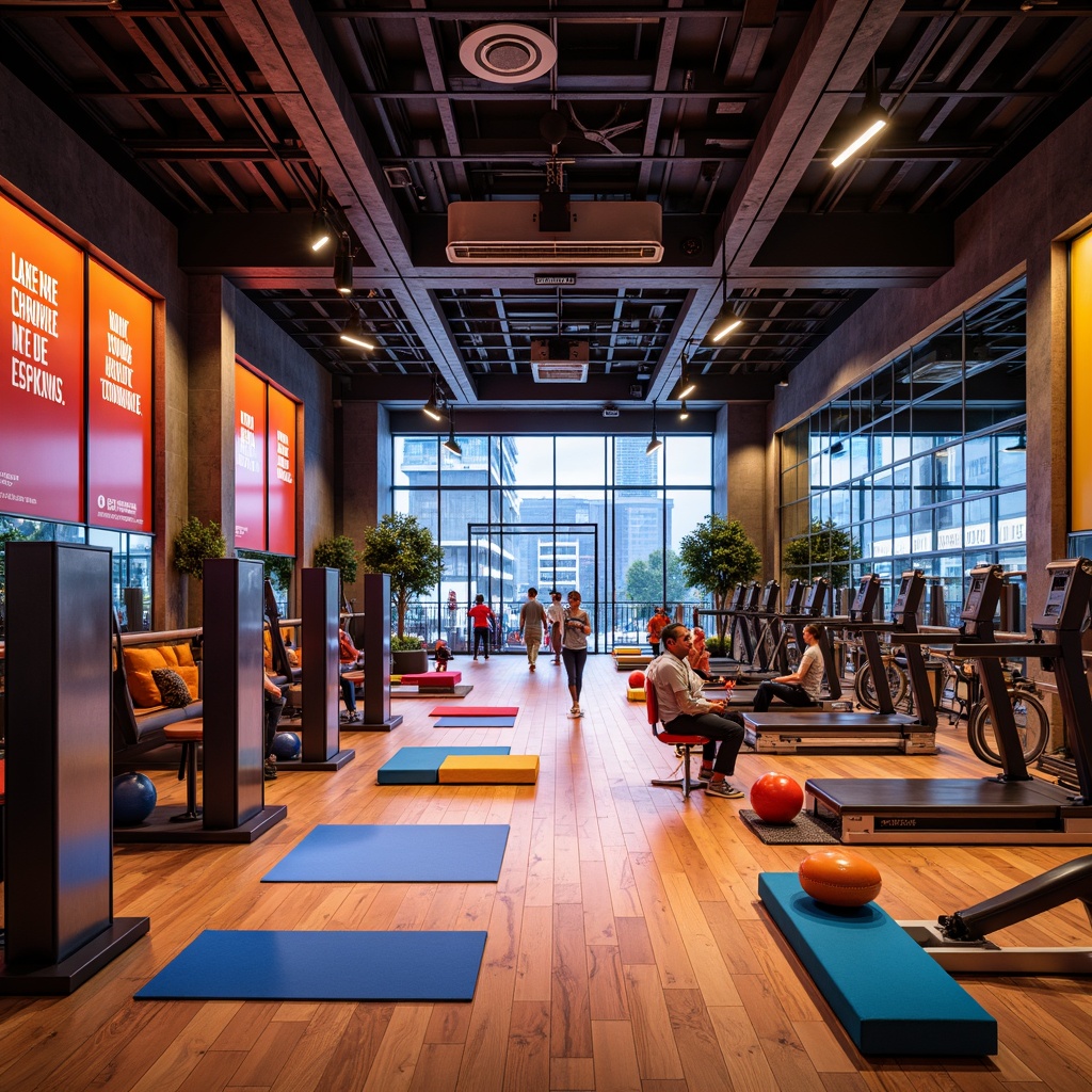 Prompt: Vibrant fitness club interior, high-ceiling, mirrored walls, polished wooden floors, sleek modern equipment, colorful exercise mats, motivational quotes, energetic atmosphere, bright overhead lighting, warm ambient glow, floor lamps, LED strips, dynamic color-changing lights, softbox lights, 3-point lighting setup, high-contrast shadows, dramatic spotlights, energizing colors, stimulating textures, futuristic architectural elements, metallic accents, glass partitions, urban city views, morning sunlight, soft natural light, shallow depth of field, 1/1 composition.