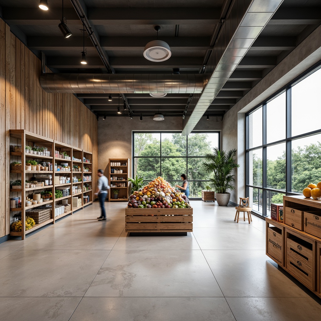 Prompt: Minimalist grocery store interior, industrial-chic shelving, reclaimed wood accents, exposed ductwork, polished concrete floors, neutral color palette, sleek metal display racks, simplified product categorization, ample natural light, floor-to-ceiling windows, sparse decorative elements, modern LED lighting, subtle branding signage, rustic wooden crates, steel cable displays, open-plan layout, airy atmosphere, shallow depth of field, 1/1 composition, softbox lighting, realistic textures.