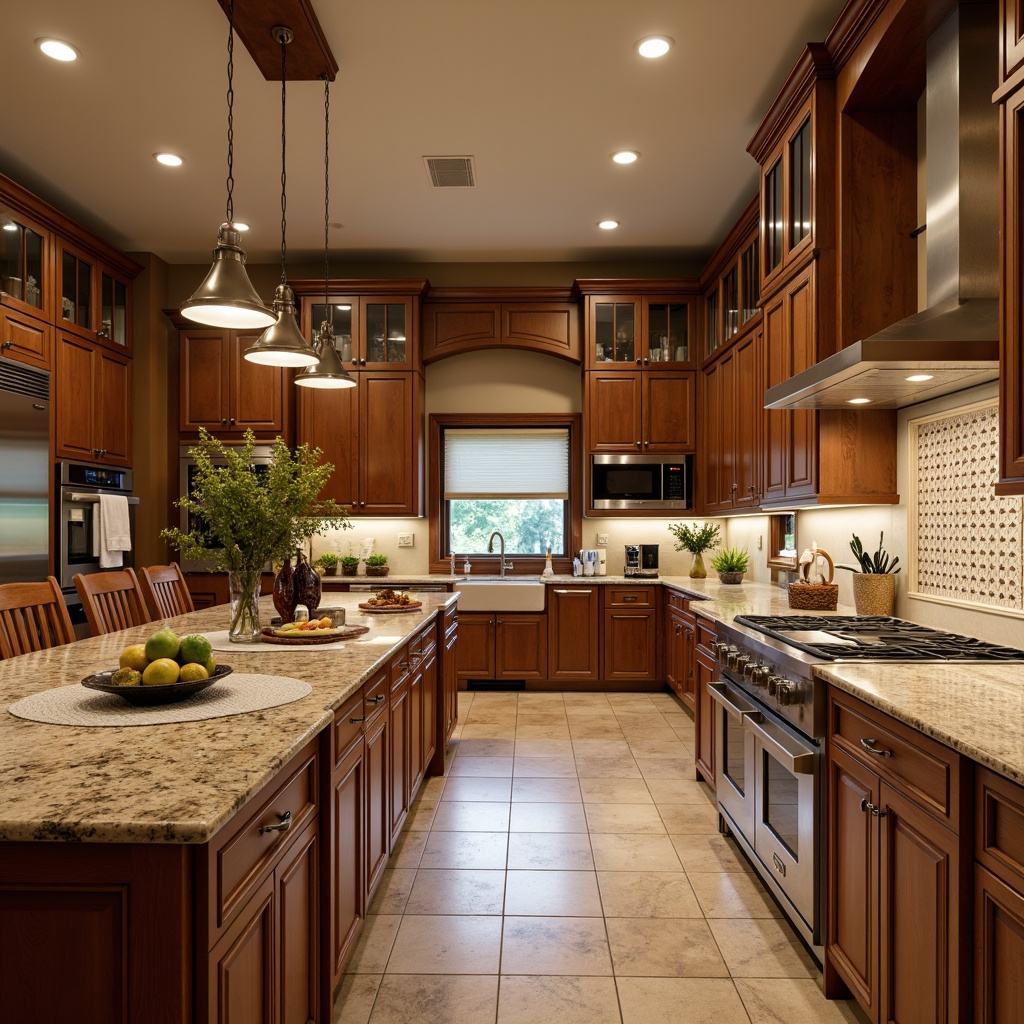 Prompt: Academic kitchen, traditional cabinetry, warm wood tones, stainless steel appliances, professional-grade cooktops, built-in ovens, microwave units, refrigerator islands, farmhouse sinks, polished granite countertops, decorative tile backsplashes, pendant lighting fixtures, island seating areas, natural stone flooring, earthy color palette, soft ambient lighting, shallow depth of field, 3/4 composition, realistic textures.