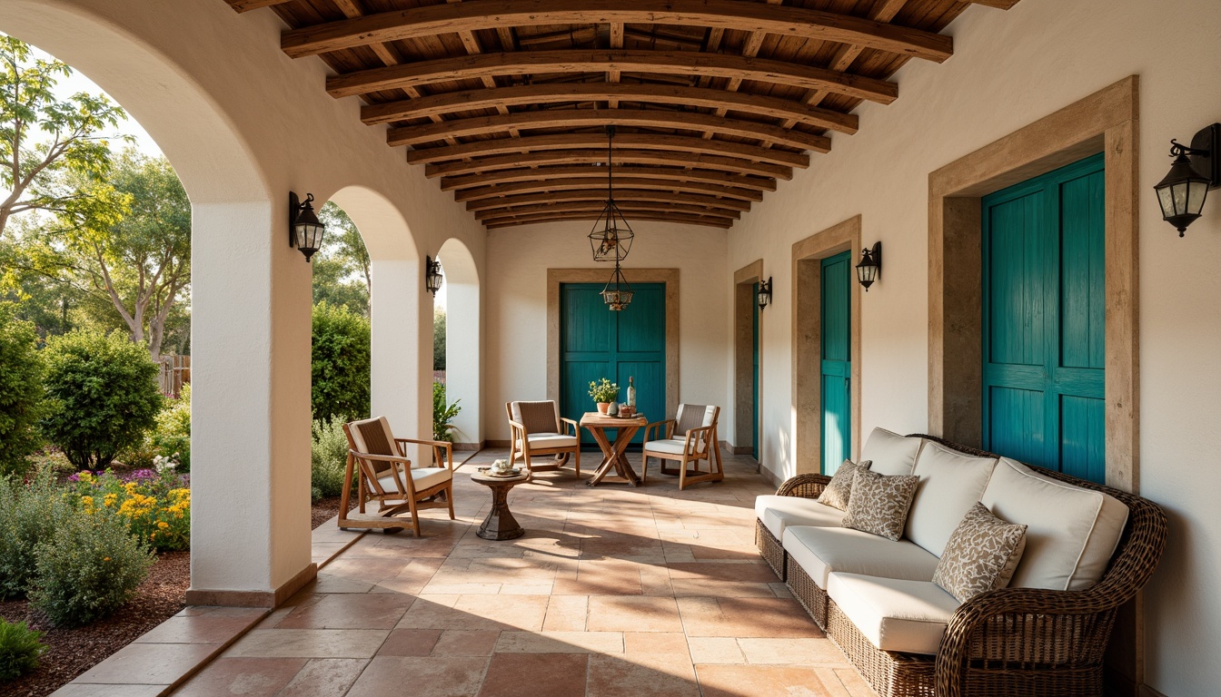 Prompt: Warm Mediterranean archway, rustic stone walls, curved wooden beams, ornate ironwork, vibrant turquoise accents, creamy white stucco, lush greenery, natural textiles, earthy terracotta flooring, distressed wood furniture, soft warm lighting, shallow depth of field, 1/1 composition, realistic textures, ambient occlusion.