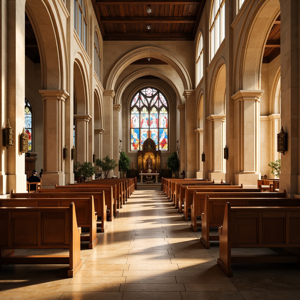 Prompt: Sacred church interior, warm beige stone walls, rich brown wooden pews, soft golden lighting, stained glass windows, vibrant blue and red accents, intricate marble patterns, ornate bronze fixtures, elegant curved archways, serene atmosphere, gentle natural light, subtle shadows, 1/1 composition, shallow depth of field, realistic textures.