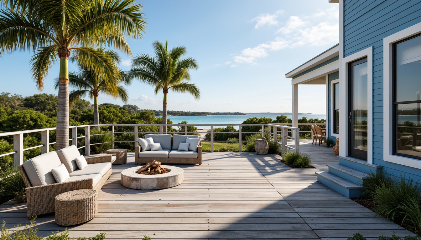 Prompt: Seaside coastal house, weathered wood decking, driftwood accents, nautical rope railings, ocean-inspired color palette, calming blue hues, crisp white trim, natural stone fire pit, woven wicker furniture, plush outdoor cushions, tropical palm trees, lush greenery, beachy dunes, sunny day, soft warm lighting, shallow depth of field, 3/4 composition, panoramic view, realistic textures, ambient occlusion.