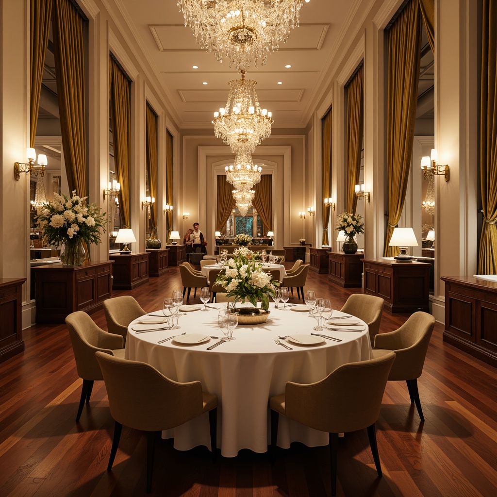 Prompt: Elegant dining hall, sophisticated chandeliers, polished wooden floors, cream-colored walls, ornate mirrors, luxurious velvet drapes, refined silverware, fine china displays, lavish flower arrangements, intimate candlelight, warm ambient glow, shallow depth of field, 1/2 composition, horizontal framing, soft focus blur, realistic textures, subtle specularity.