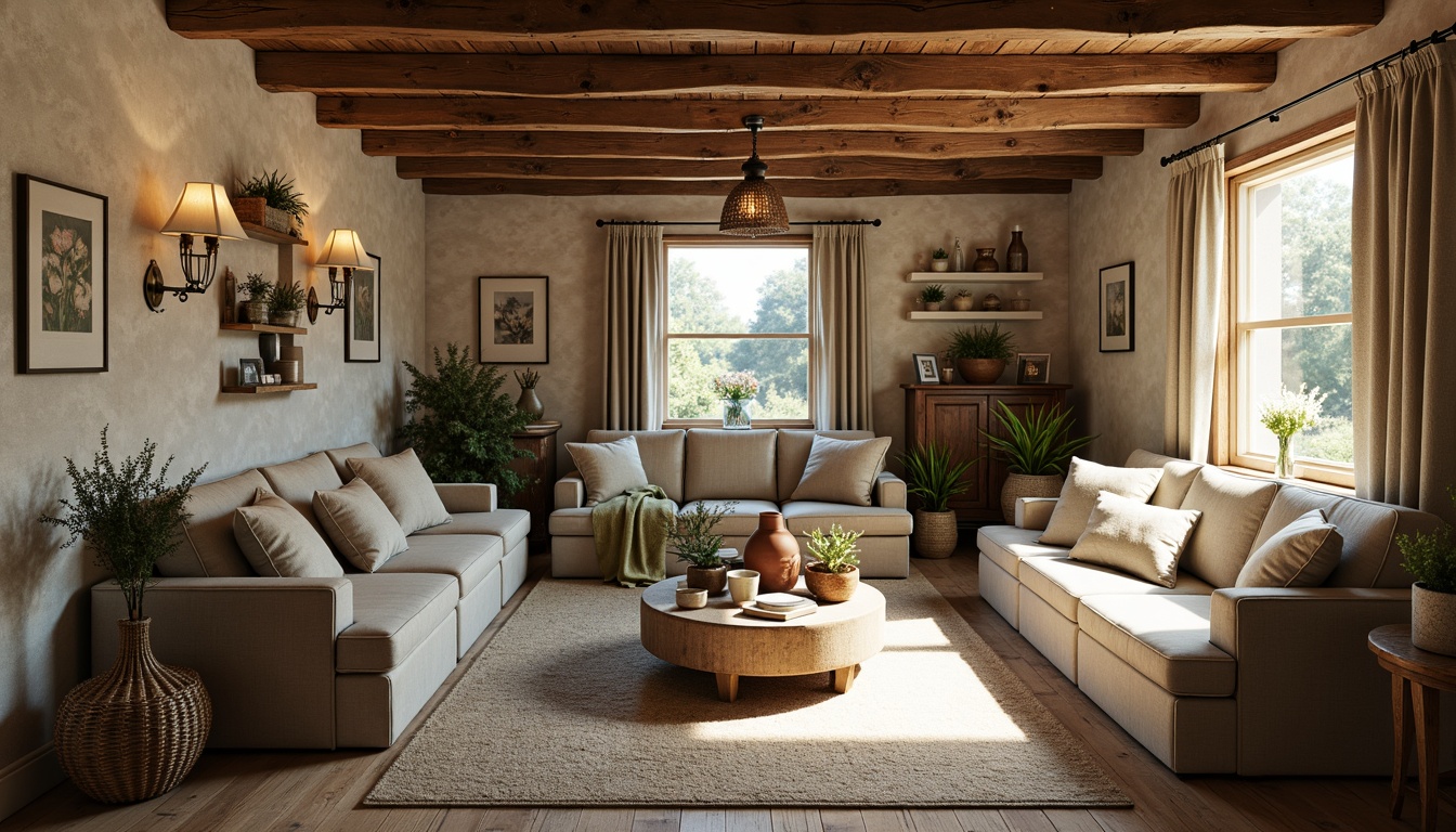 Prompt: Rustic farmhouse, vintage eclectic decor, earthy tones, warm beige walls, distressed wood accents, soft sage greenery, muted terracotta pots, antique metalware, natural linen fabrics, woven baskets, faded florals, moody blues, rich walnut furniture, ornate metal fixtures, creamy whites, sun-kissed windows, rustic wooden beams, soft candlelight, 1/2 composition, warm golden lighting, realistic textures.