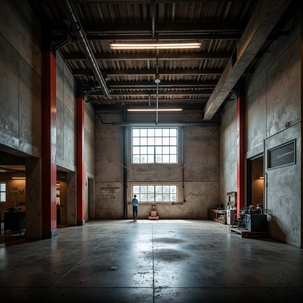 Prompt: Exposed concrete walls, industrial metal beams, minimalist decor, bold color schemes, aggressive lighting, dramatic shadows, intense spotlights, overhead fluorescent lights, raw steel equipment, heavy chain curtains, brutalist architecture, urban cityscape, gritty textures, high-contrast lighting, strong directional light, 1-point perspective composition, moody atmosphere, dynamic movement, realistic reflections, ambient occlusion.