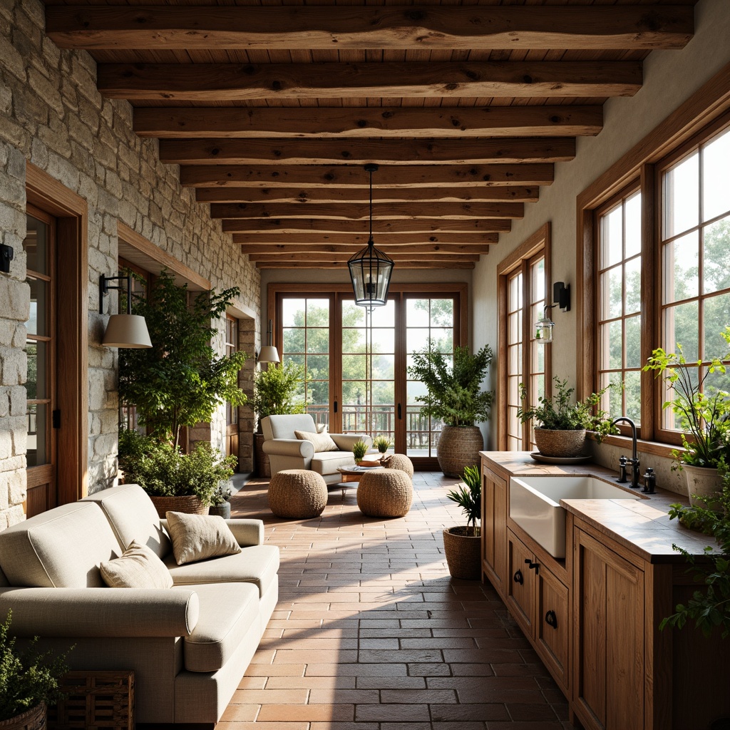 Prompt: Rustic farmhouse interior, large windows, sliding glass doors, natural stone walls, wooden beams, country-style furniture, vintage decor, linen fabrics, earthy color palette, soft warm lighting, shallow depth of field, 1/1 composition, bright airy atmosphere, abundant greenery, potted plants, woven baskets, distressed wood accents, traditional farmhouse sink, apron-front kitchen cabinets, brick floors, morning sunlight, gentle shadows.