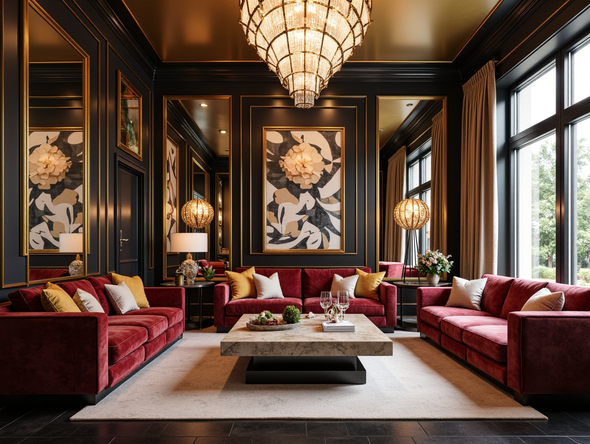 Prompt: Luxurious living room, art deco style, metallic accents, ornate mirrors, geometric patterns, bold color schemes, velvet sofas, marble coffee tables, crystal chandeliers, floor-to-ceiling windows, opulent drapery, lavish textiles, abstract artwork, metallic wall sconces, glamorous lighting fixtures, ornate moldings, 3/4 composition, shallow depth of field, warm soft focus, realistic reflections.