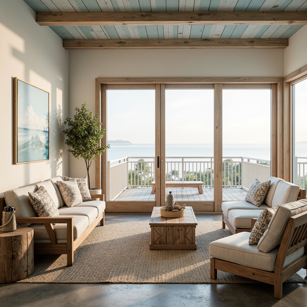 Prompt: Coastal living room, large windows, sliding glass doors, natural light pouring in, soft warm glow, beachy vibe, driftwood accents, woven sea grass rugs, creamy white walls, pale blue ceilings, ocean-inspired artwork, coral-patterned throw pillows, nautical rope details, distressed wood furniture, weathered metal decorations, airy open space, minimal ornamentation, functional simplicity, 1/1 composition, soft focus, warm color palette, inviting atmosphere.