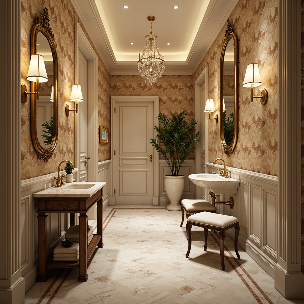 Prompt: Elegant powder room, luxurious velvet wallpaper, soft golden lighting, ornate mirrors, decorative molding, crystal chandeliers, marble countertops, lavish furnishings, rich textiles, subtle patterns, sophisticated color palette, warm beige tones, creamy whites, soft grays, elegant wall sconces, refined architectural details, serene ambiance, shallow depth of field, 1/1 composition, realistic textures.