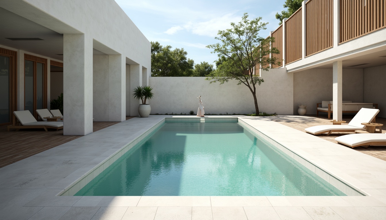 Prompt: Simple rectangular pool shape, clean lines, minimal ornamentation, functional design, white concrete walls, turquoise water, surrounding wooden decking, steel ladder, subtle shading, natural ventilation, open courtyard, modernist architecture, abundant daylight, soft diffused lighting, 1/1 composition, shallow depth of field, realistic textures, ambient occlusion.