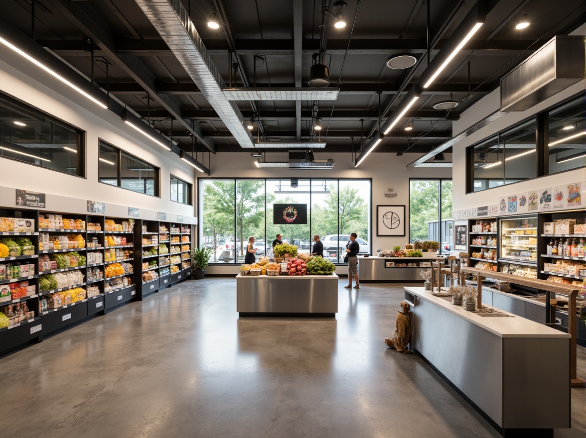 Prompt: Simple grocery store interior, clean lines, minimal decor, industrial chic lighting fixtures, exposed ductwork, polished concrete floors, white shelves, stainless steel counters, modern refrigeration units, subtle LED strips, warm softbox lighting, 1/1 composition, shallow depth of field, realistic textures, ambient occlusion.