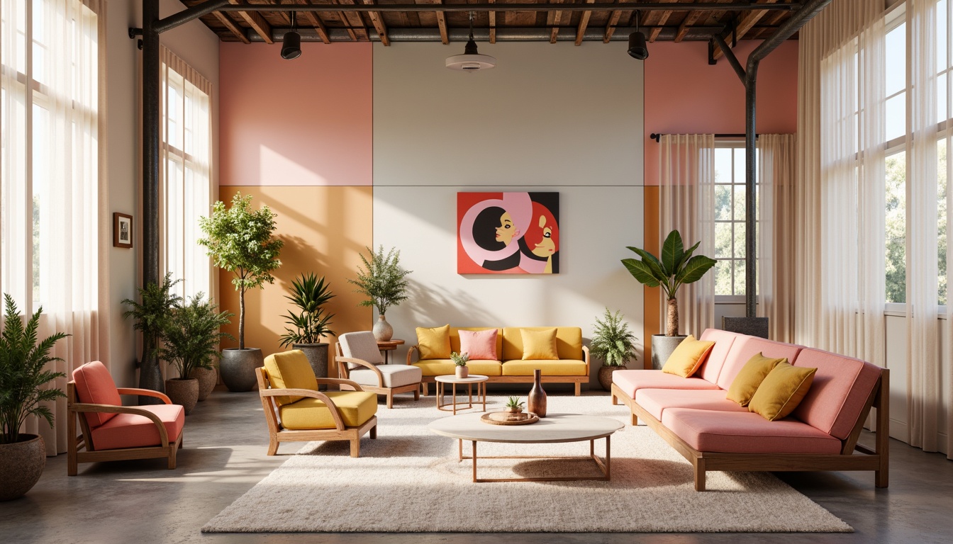 Prompt: Vibrant artistic studio, eclectic furniture, bold color blocking, pastel hues, soft peach tones, creamy whites, rich wood accents, industrial metal frames, modern minimalist decor, abundant natural light, sheer curtains, 3/4 composition, warm atmospheric lighting, shallow depth of field, realistic textures.