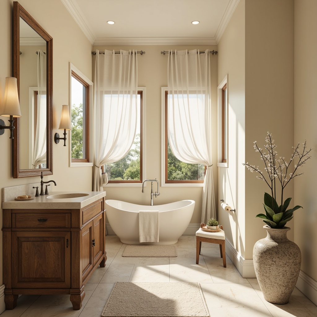 Prompt: Transitional bathroom, soft warm lighting, cream-colored walls, elegant freestanding tub, polished chrome fixtures, marble countertops, wooden cabinetry, subtle patterned floor tiles, plush area rug, ornate mirror frames, stylish wall sconces, luxurious fabrics, spa-inspired ambiance, natural stone accents, gentle water features, serene atmosphere, 3/4 composition, soft focus, warm color palette.