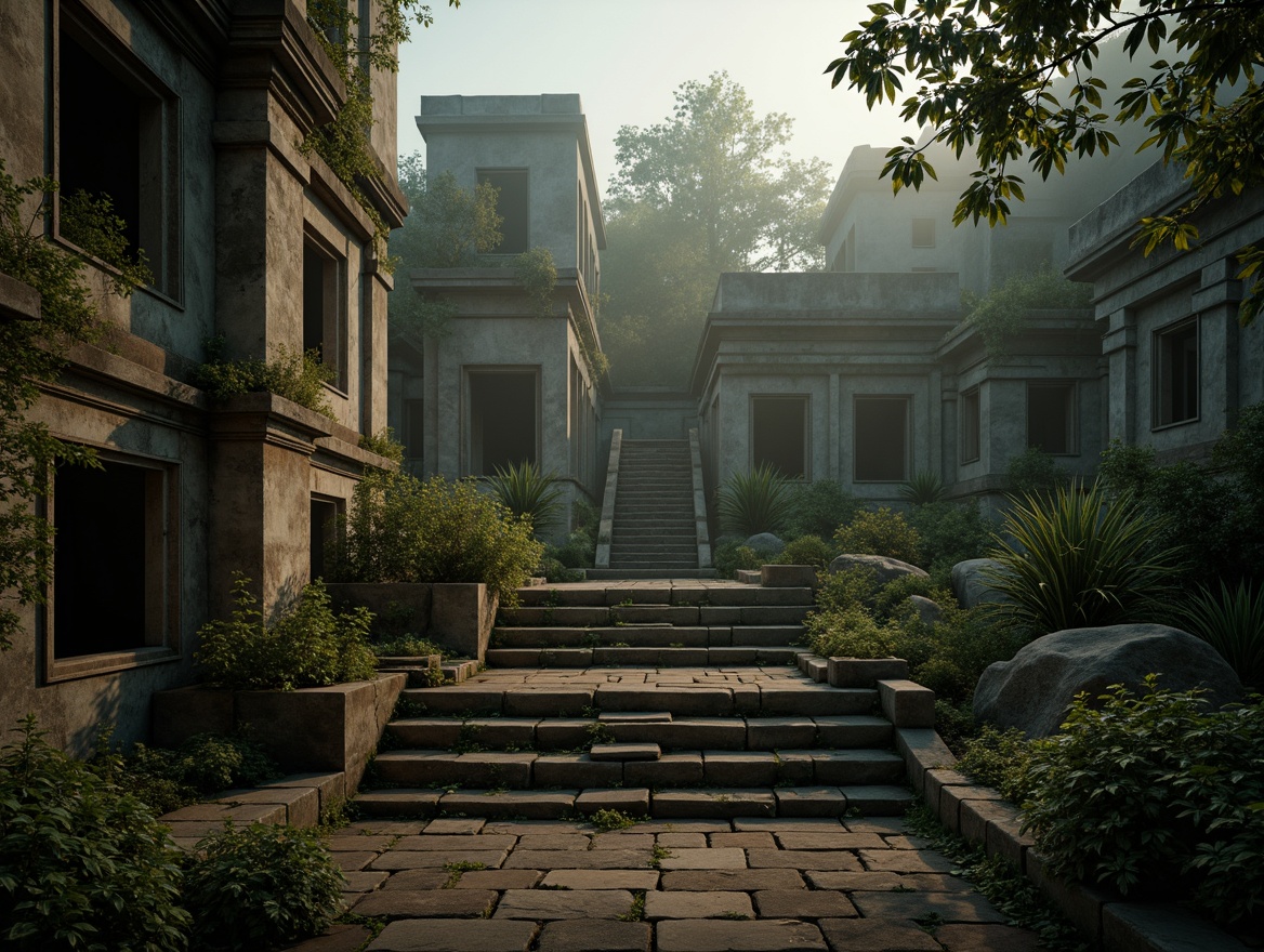 Prompt: Rustic ancient temple, weathered stone walls, moss-covered ruins, overgrown vegetation, intricate carvings, worn stone stairs, mysterious atmospheric lighting, foggy mist, low-key color palette, high-contrast textures, detailed normal maps, ambient occlusion, realistic material responses, subtle animations, cinematic camera angles, shallow depth of field, 2.5D composition, dramatic shadows, warm golden hour lighting.