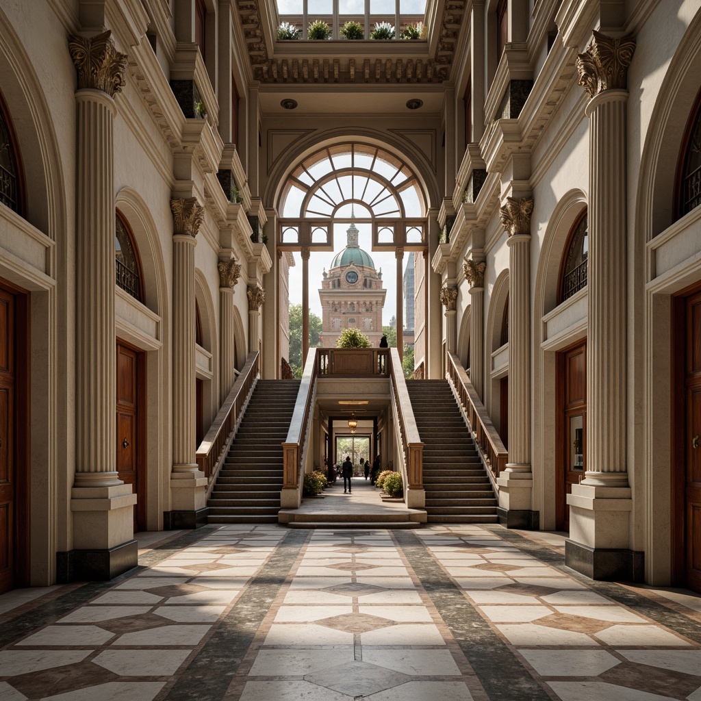 Prompt: Grand courthouse, neoclassical facade, ornate columns, carved stone details, symmetrical architecture, imposing clock tower, elegant archways, intricately patterned floors, polished marble walls, stately staircases, bronze door handles, rich wood accents, subtle ambient lighting, shallow depth of field, 1/2 composition, realistic textures, high-contrast render.