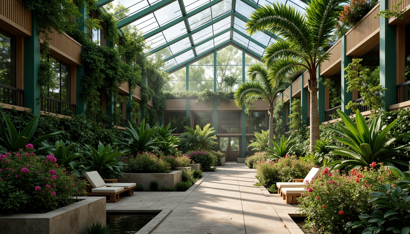 Prompt: Exotic tropical greenhouse, lush green walls, vibrant flowers, natural stone pathways, wooden planters, rattan furniture, warm humid climate, misting systems, soft diffused lighting, 1/1 composition, intimate atmosphere, realistic textures, ambient occlusion, dense foliage, colorful blooms, water features, small ponds, trickling sounds, peaceful ambiance.