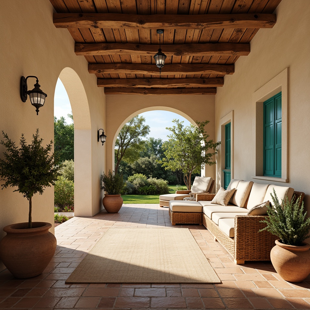 Prompt: Warm Mediterranean villa, soft beige stucco walls, rustic terracotta flooring, distressed wood beams, ornate metalwork, lush greenery, vibrant turquoise accents, earthy terracotta pots, natural linen fabrics, woven wicker furniture, sunny open spaces, shallow depth of field, 3/4 composition, panoramic view, realistic textures, ambient occlusion.