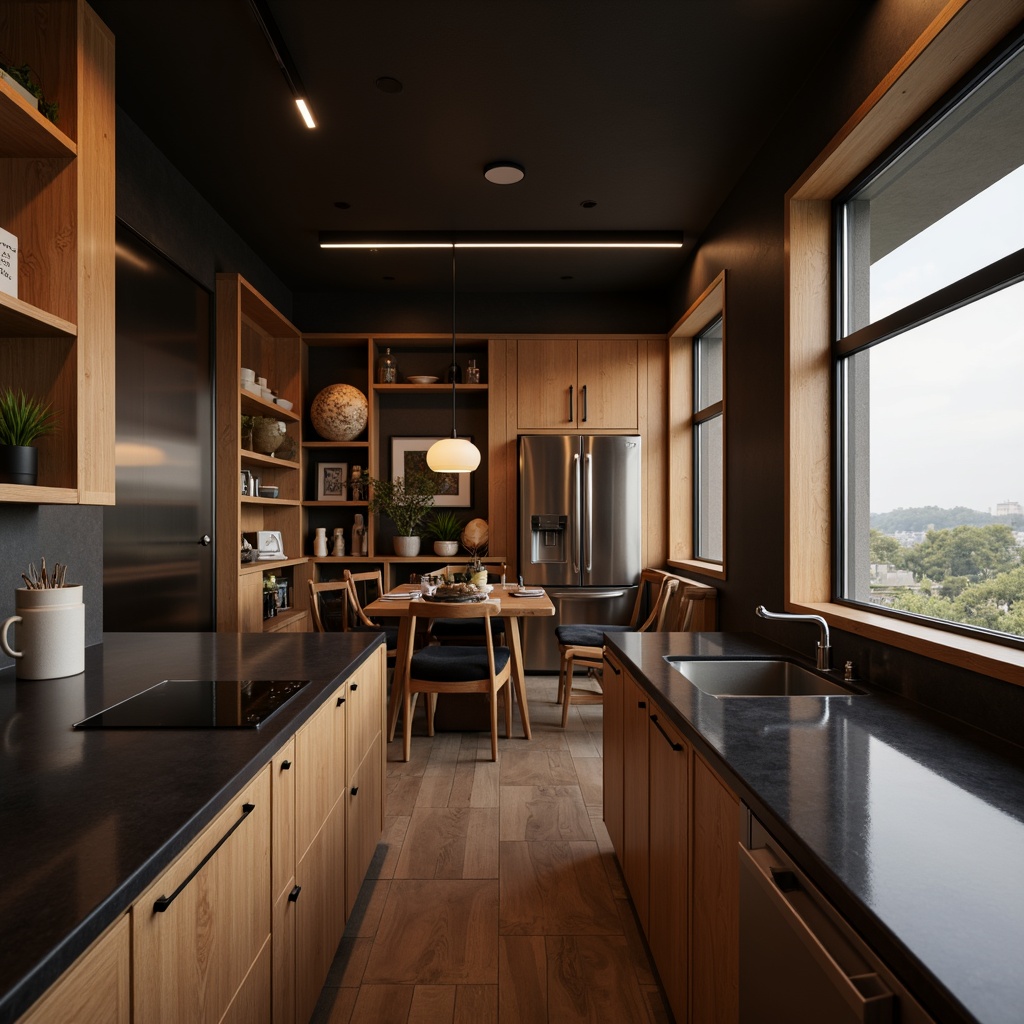 Prompt: Luxurious modern interior, high-end material finishes, rich wood tones, polished metal accents, velvety soft fabrics, matte black countertops, gleaming chrome fixtures, ambient warm lighting, shallow depth of field, 1/1 composition, realistic textures, subtle reflections.