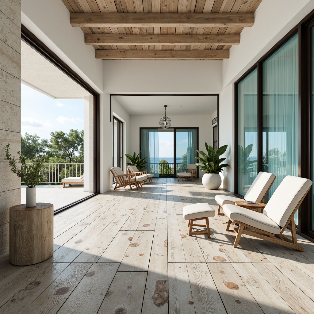 Prompt: Weathered wood planks, driftwood accents, ocean-inspired color palette, soft blues and whites, sandy neutrals, coral patterns, shell inlays, natural stone textures, sea salt-weathered concrete, distressed finishes, beachy vibe, casual elegance, airy feel, abundant natural light, large windows, sliding glass doors, coastal landscape views, serene atmosphere, warm sunny day, shallow depth of field, 3/4 composition.