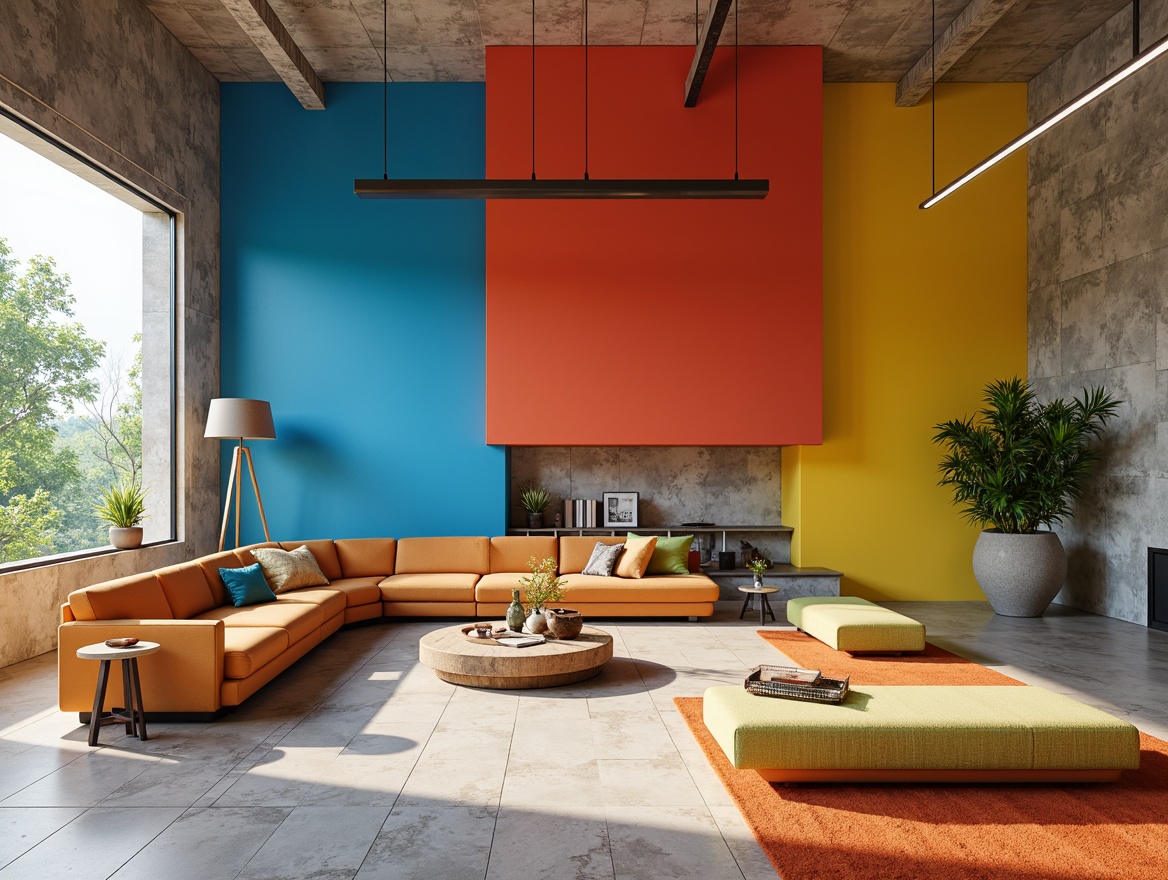 Prompt: Vibrant Bauhaus interior, geometric shapes, bold color blocking, primary colors, blue accents, yellow highlights, red contrasts, neutral beige backgrounds, industrial metal tones, exposed concrete floors, minimalist decor, functional furniture, rectangular forms, clean lines, natural light, soft shadows, 1/1 composition, realistic textures, ambient occlusion.