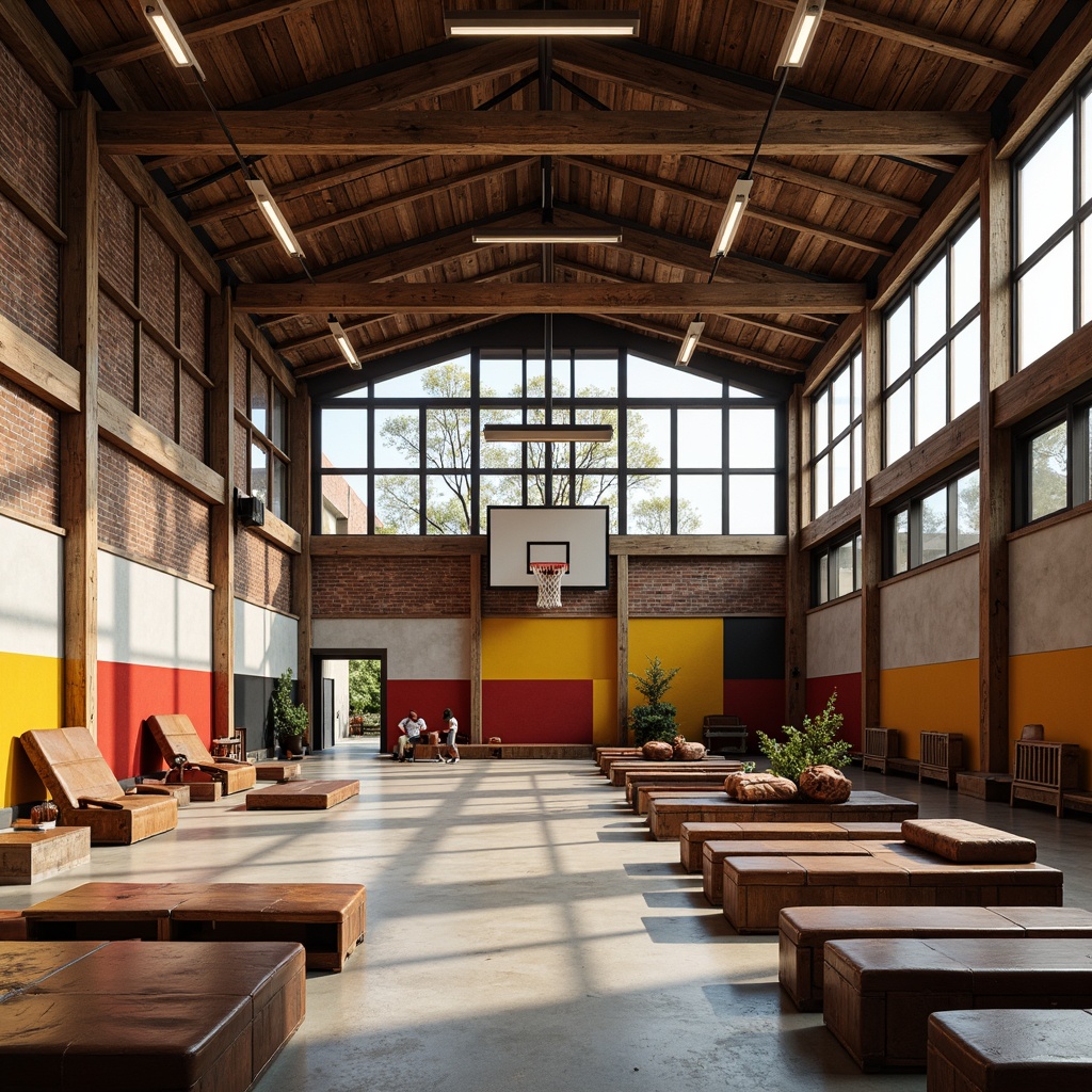 Prompt: Rustic gymnasium interior, earthy tones, wooden accents, exposed brick walls, vintage sports equipment, distressed metal beams, worn leather benches, natural light pouring in, large windows, industrial-style lighting fixtures, concrete flooring, bold color blocking, vibrant team colors, dynamic athletic atmosphere, high ceilings, open spaces, eclectic decorative elements, nostalgic memorabilia displays, warm cozy nooks, functional minimalism, 3/4 composition, soft warm lighting, realistic textures.