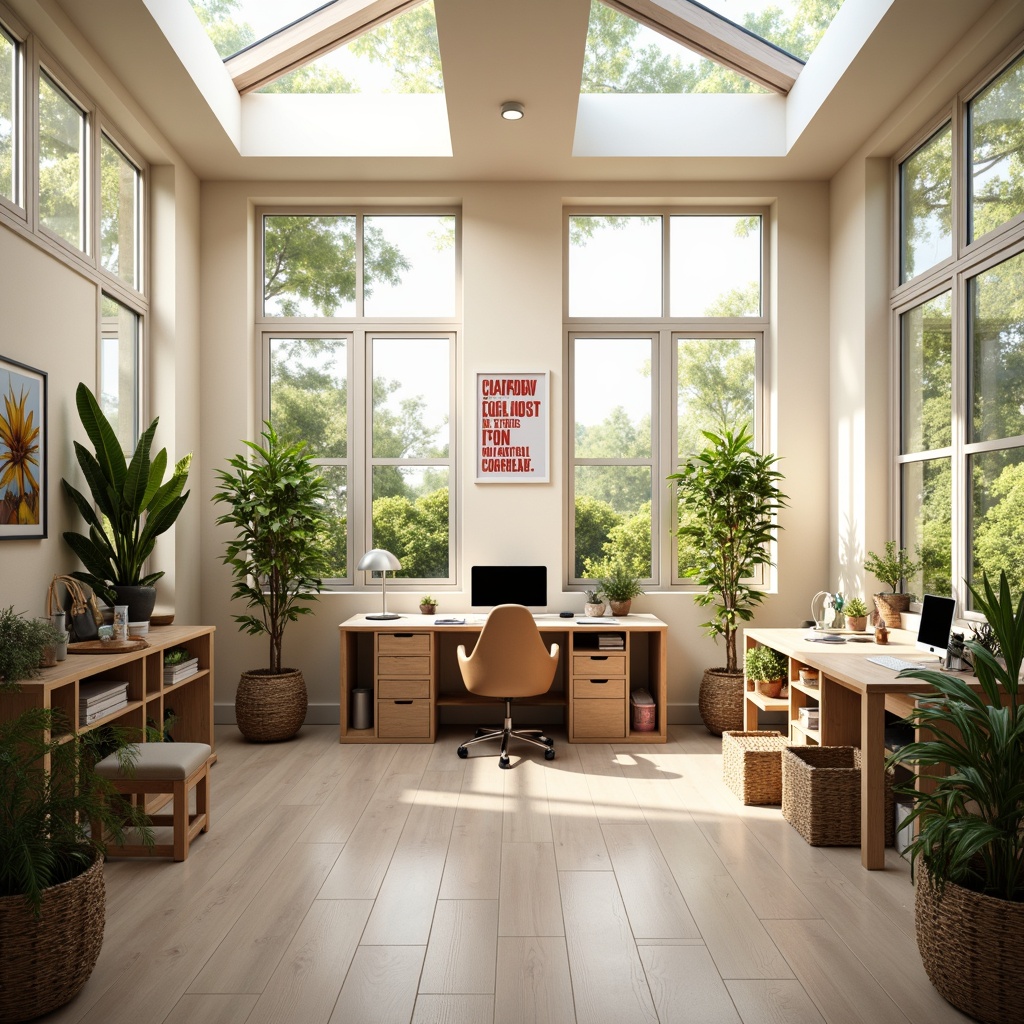 Prompt: Cozy craft room, abundant natural light, large skylights, floor-to-ceiling windows, sheer curtains, pale wooden floors, cream-colored walls, minimal obstructions, clutter-free workspace, task lamps, adjustable shelves, built-in storage, ergonomic chair, vibrant artwork, inspirational quotes, lush green plants, warm beige tones, soft diffused lighting, shallow depth of field, 1/2 composition, relaxed atmosphere.