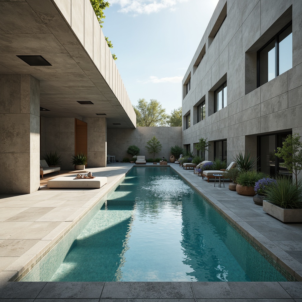 Prompt: Minimalist swimming pool, rectangular shape, clean lines, right angles, primary color scheme, functional design, industrial materials, concrete walls, steel railings, geometric tile patterns, bold typography, modernist architecture, open space, abundant natural light, shallow water effects, subtle wave movements, warm sunny day, high contrast lighting, dramatic shadows, 1/1 composition, symmetrical framing, crisp textures, atmospheric misting.