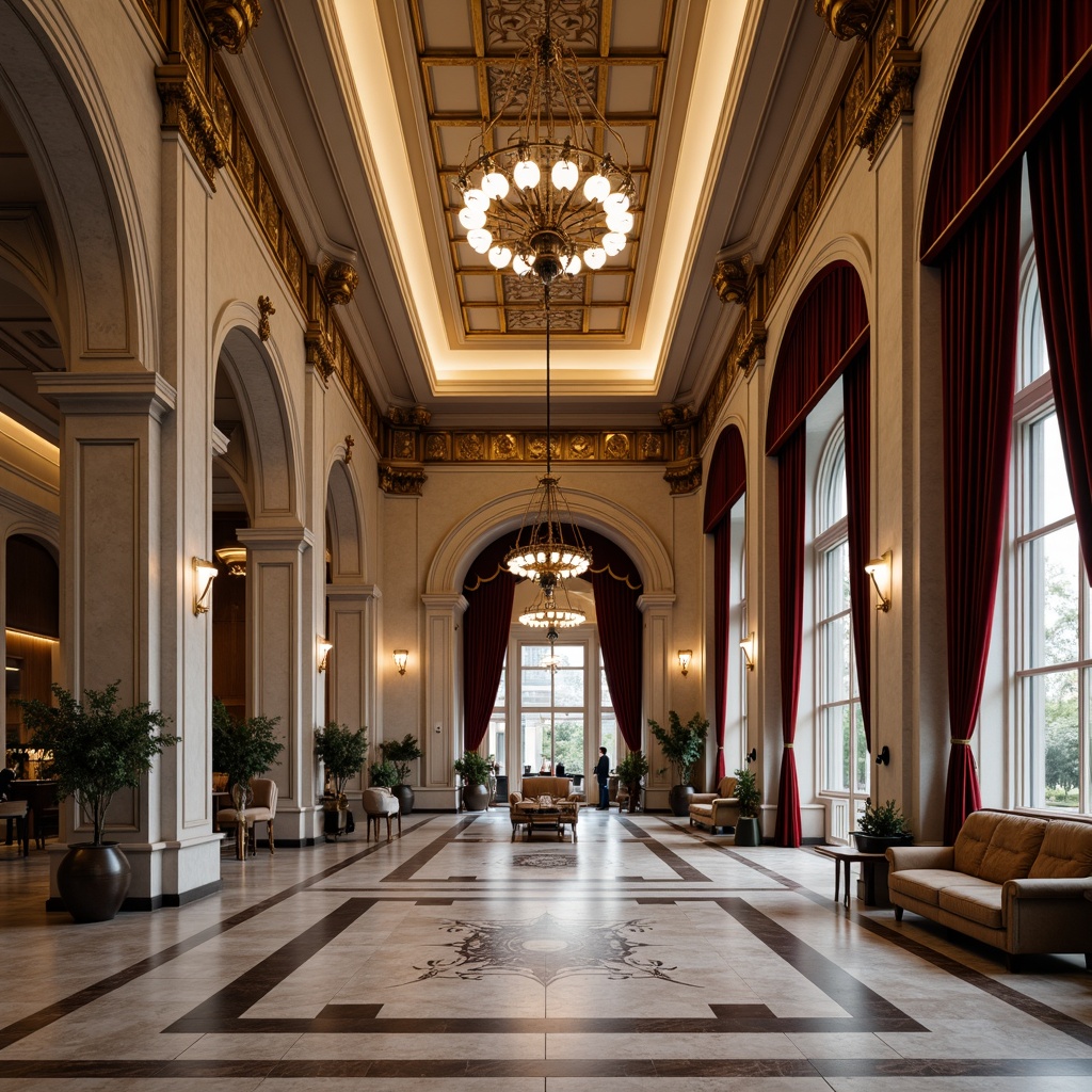 Prompt: Elegant bank interior, neoclassical architecture, high ceilings, marble floors, ornate columns, grand chandeliers, rich wood accents, luxurious upholstery, velvet drapes, gilded frames, refined lines, symmetrical composition, subtle color palette, warm soft lighting, shallow depth of field, 1/2 composition, realistic textures, ambient occlusion.