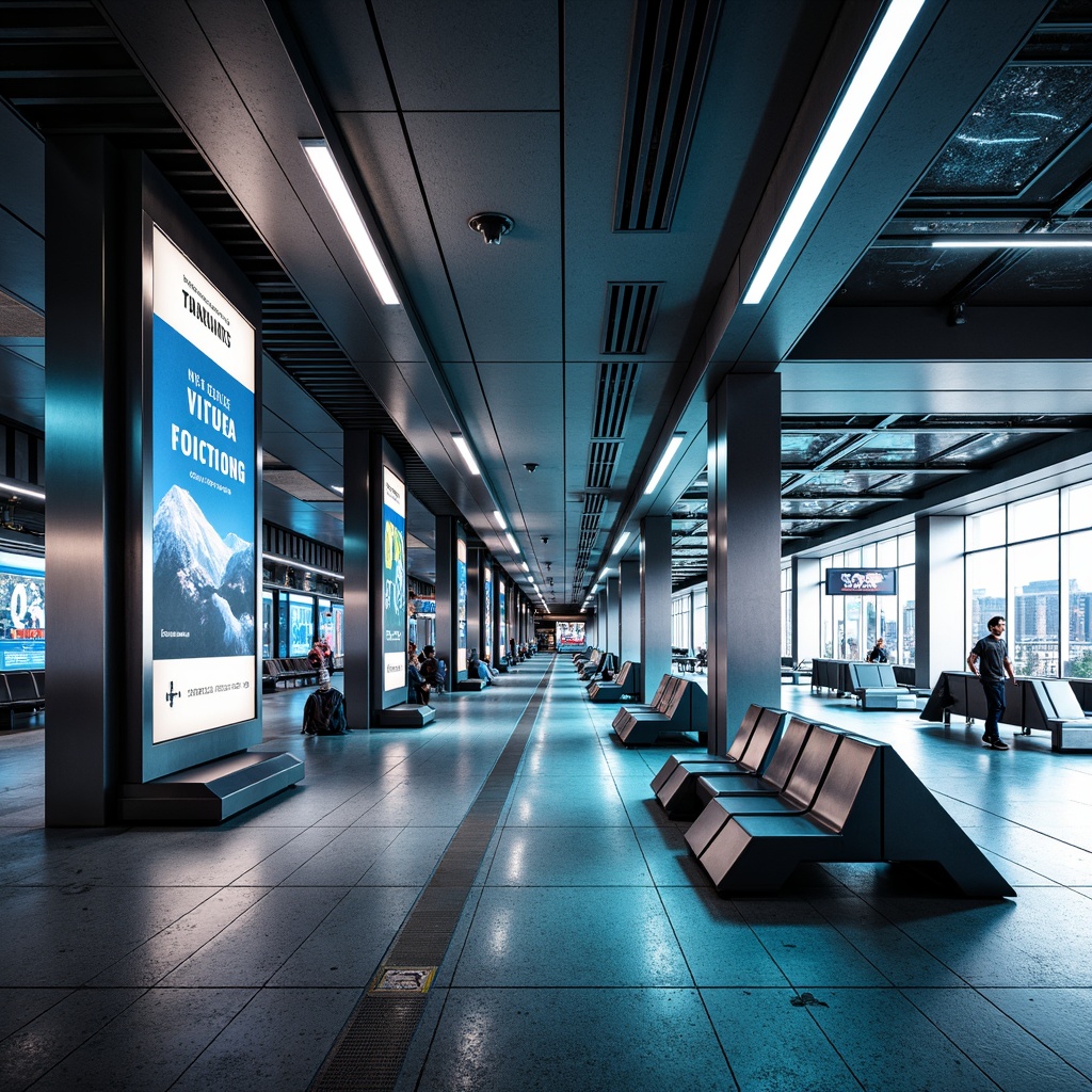 Prompt: Futuristic bus station, sleek metal columns, polished chrome accents, high-gloss epoxy flooring, iridescent LED lighting, holographic advertisements, angular geometric benches, minimalist waiting areas, transparent glass roofs, solar-powered charging stations, sustainable energy systems, modern information displays, interactive transit maps, futuristic font styles, neon-lit pedestrian walkways, 3/4 composition, shallow depth of field, panoramic view, realistic textures, ambient occlusion.