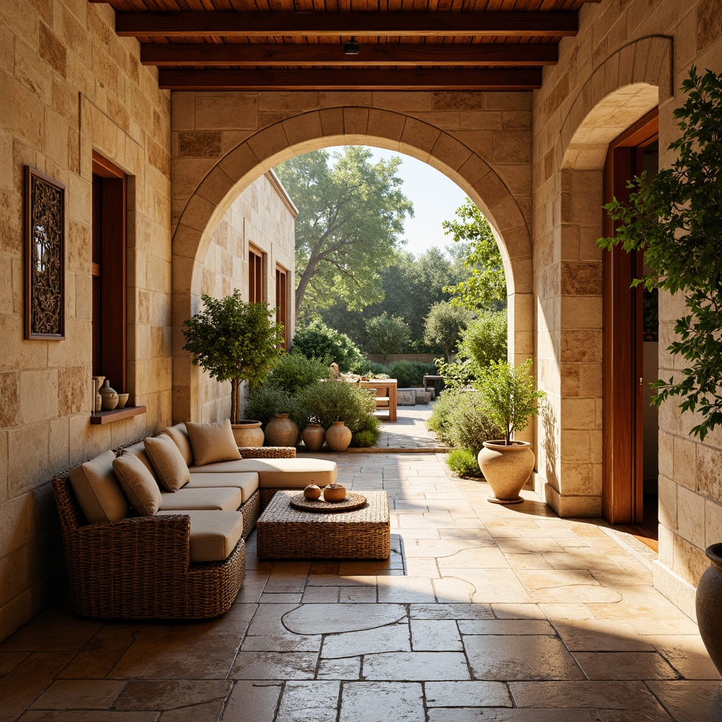 Prompt: Warm Mediterranean villa, rustic stone walls, distressed wood accents, vintage ceramic tiles, woven wicker furniture, plush velvet upholstery, intricate mosaic patterns, natural linen fabrics, earthy terracotta pots, lush greenery, fragrant herb gardens, sunny afternoon, warm golden lighting, shallow depth of field, 2/3 composition, realistic textures, ambient occlusion.